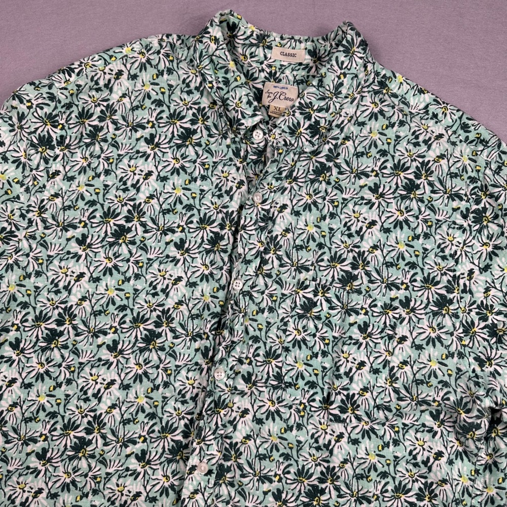 J.Crew Mens XL Classic Fit 100% Linen Short Sleeve Floral Daisy Shirt Green